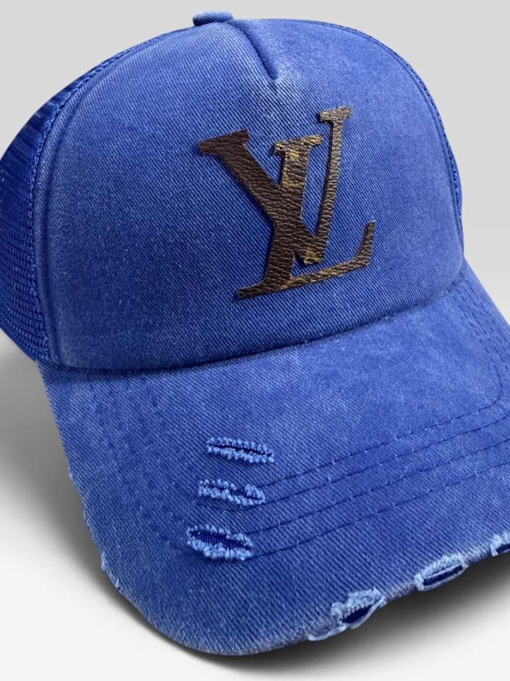 Custom Blue Distressed Trucker Hat with Upcycled Louis Vittion Leather Initials